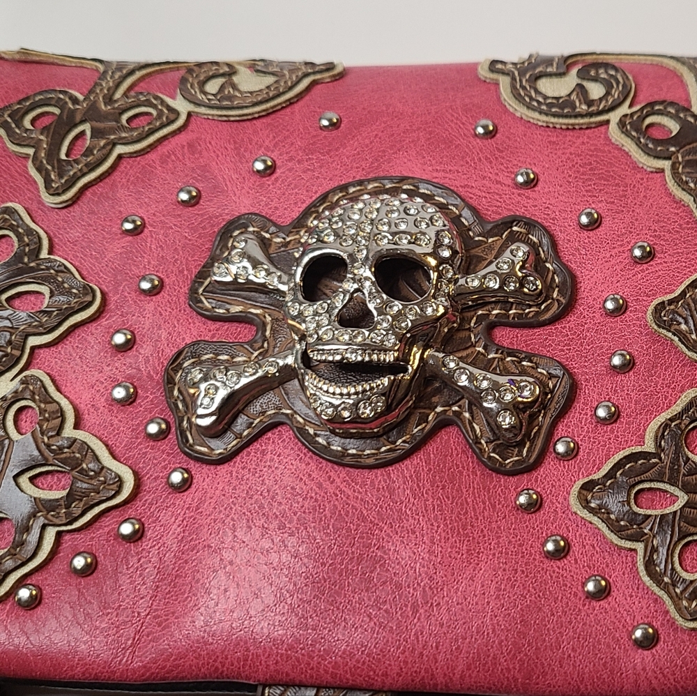Pink and brown skull shoulder/wrist purse
